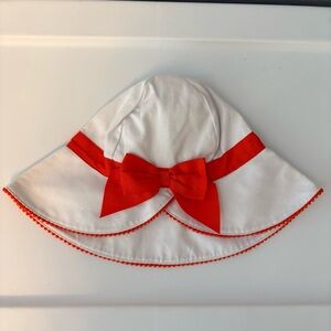 Janie and Jack white sunhat with orange bow and pom trim size 6-8